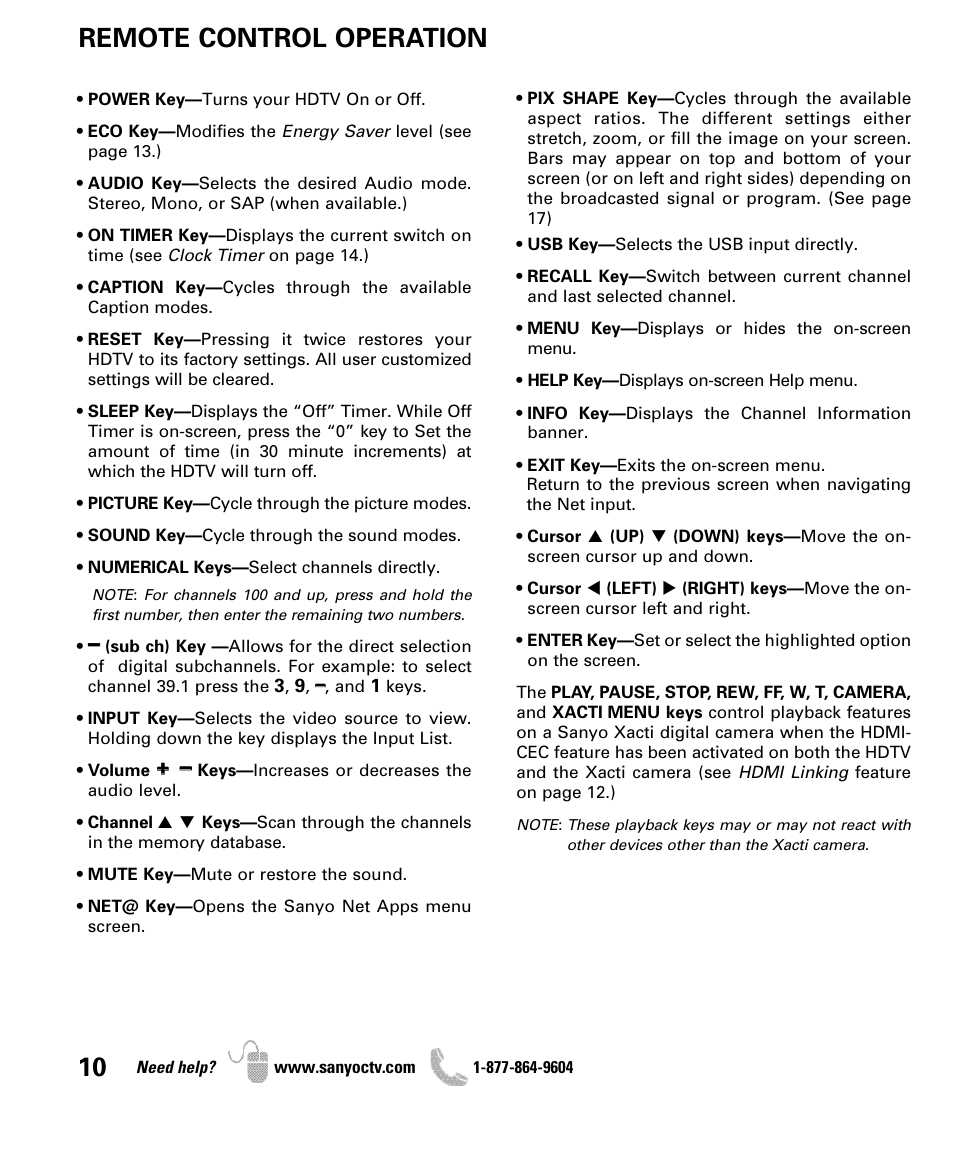 Remote control operation | Sanyo DP47460 User Manual | Page 10 / 48