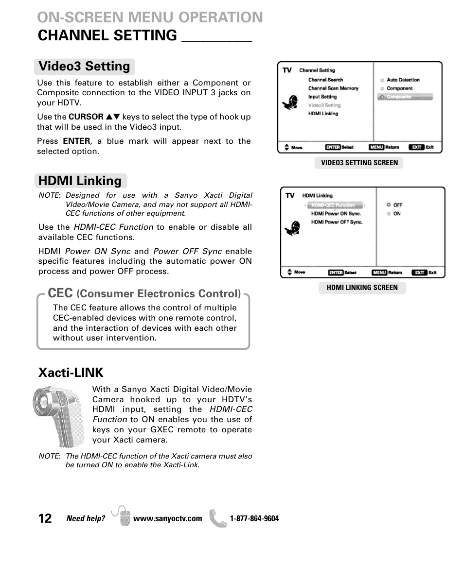 On-screen menu operation, Channel setting, Video3 setting | Xacti-link, Hdmi linking | Sanyo DP47460 User Manual | Page 12 / 48