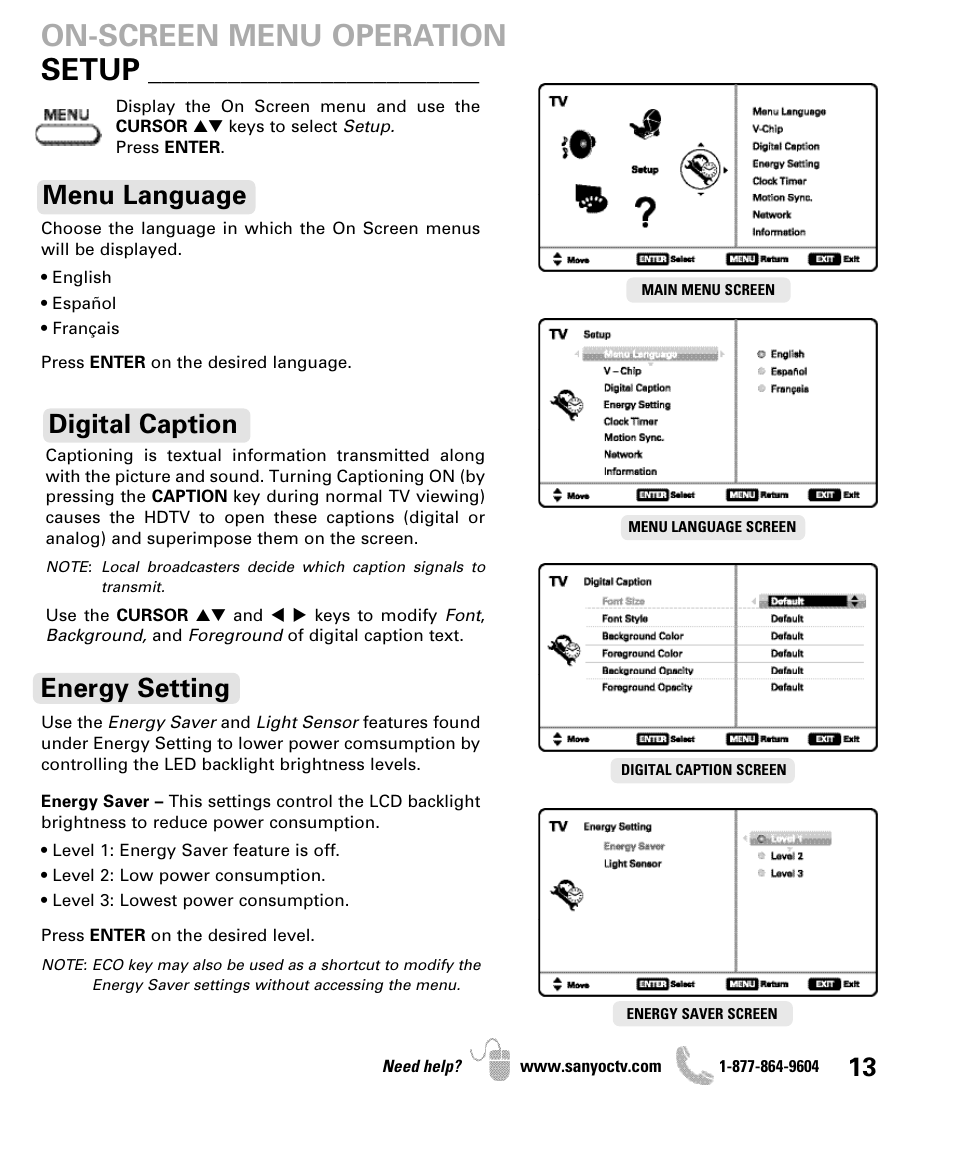 Setup, On-screen menu operation, Digital caption | Energy setting menu language | Sanyo DP47460 User Manual | Page 13 / 48