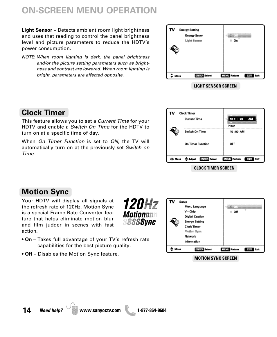 On-screen menu operation, Clock timer, Motion sync | Sanyo DP47460 User Manual | Page 14 / 48