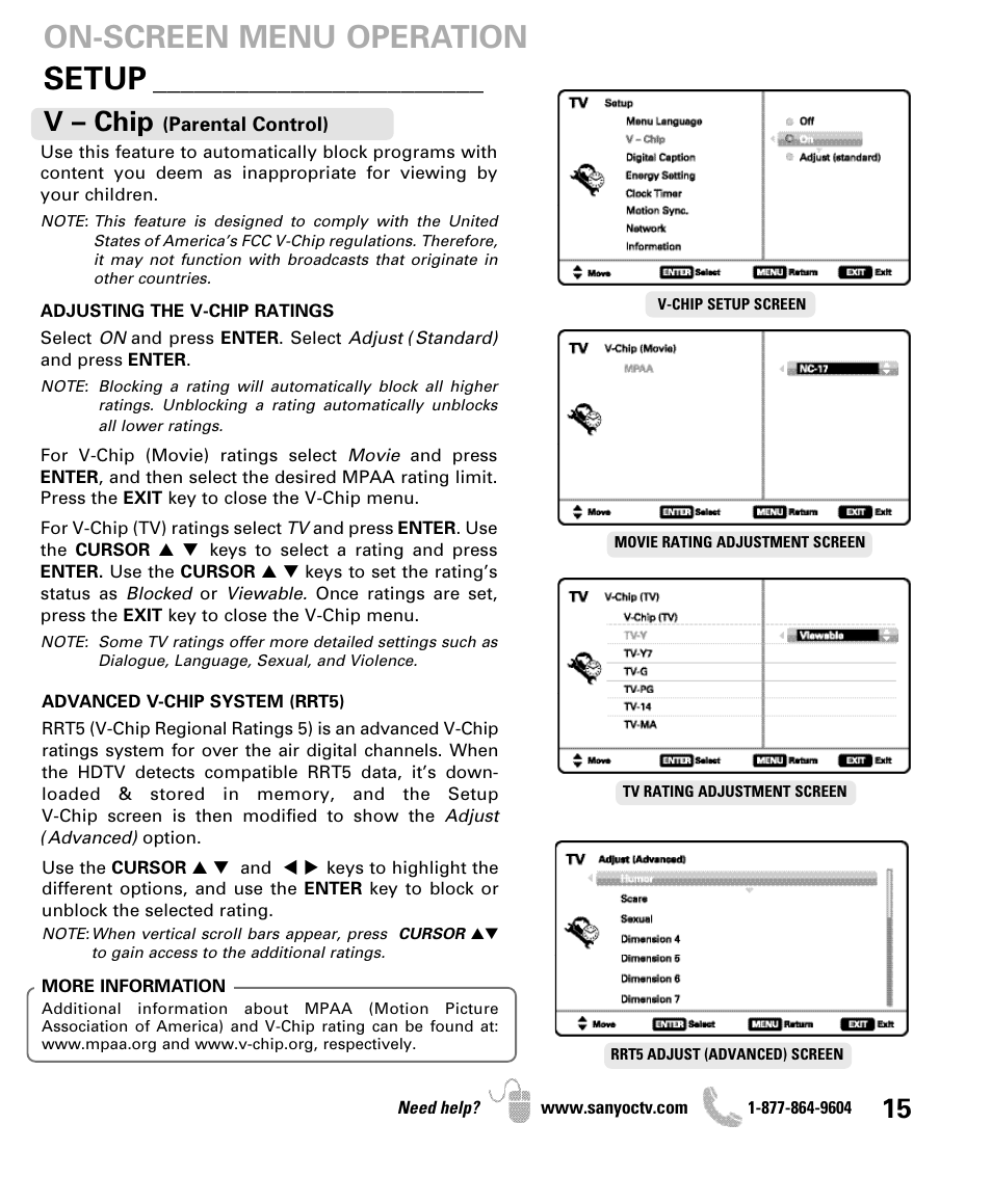 Setup, On-screen menu operation, V – chip | Sanyo DP47460 User Manual | Page 15 / 48