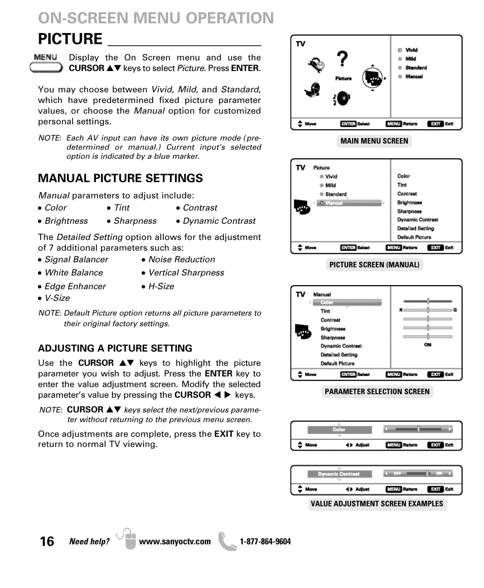 Manual picture settings | Sanyo DP47460 User Manual | Page 16 / 48