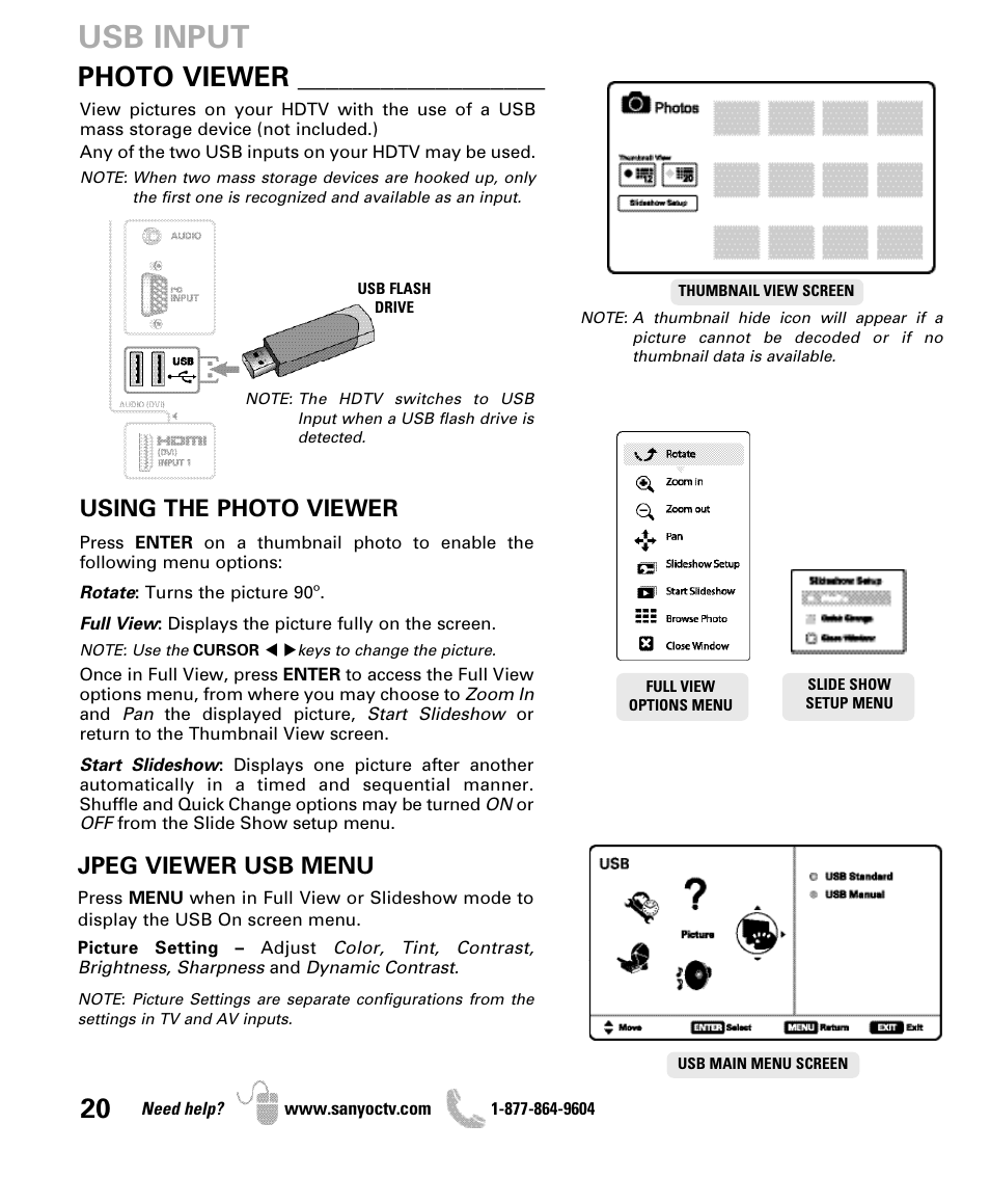 Usb input, Photo viewer, Using the photo viewer | Jpeg viewer usb menu | Sanyo DP47460 User Manual | Page 20 / 48