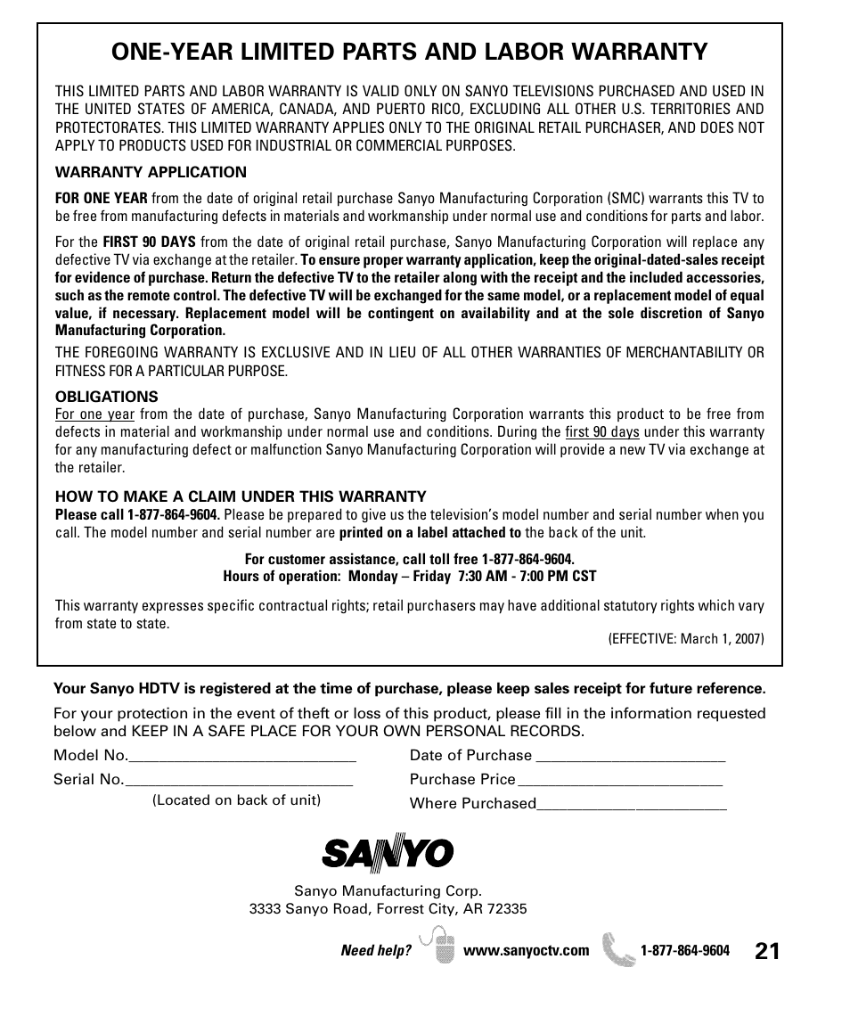 One-year limited parts and labor warranty | Sanyo DP47460 User Manual | Page 21 / 48