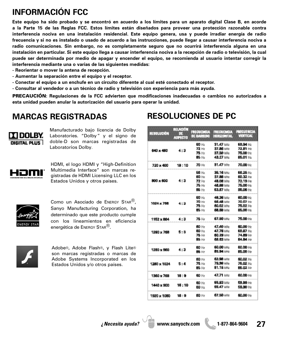 Información fcc, Resoluciones de pc, Marcas registradas | Sanyo DP47460 User Manual | Page 27 / 48