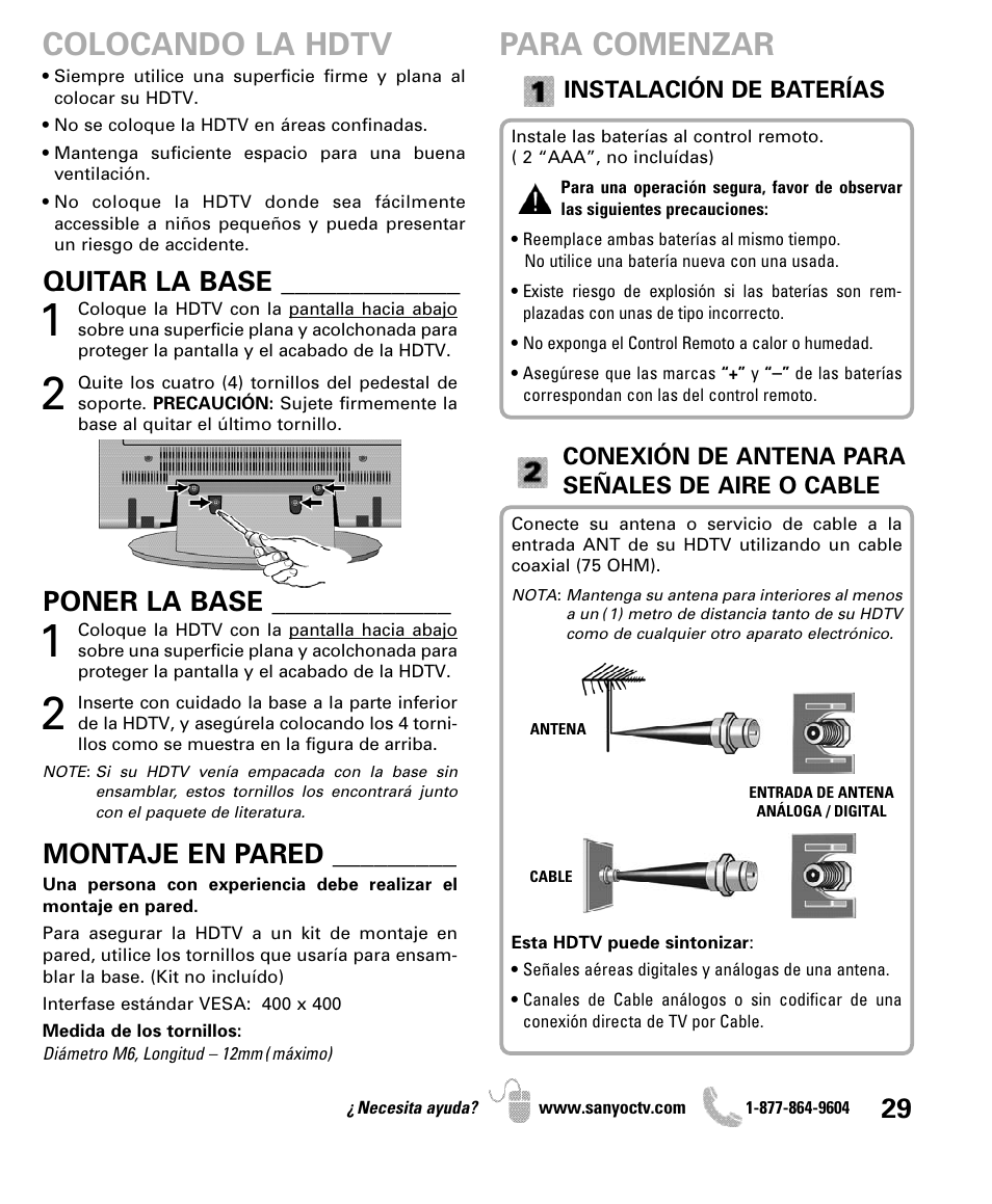 Para comenzar colocando la hdtv, Quitar la base, Poner la base | Montaje en pared | Sanyo DP47460 User Manual | Page 29 / 48