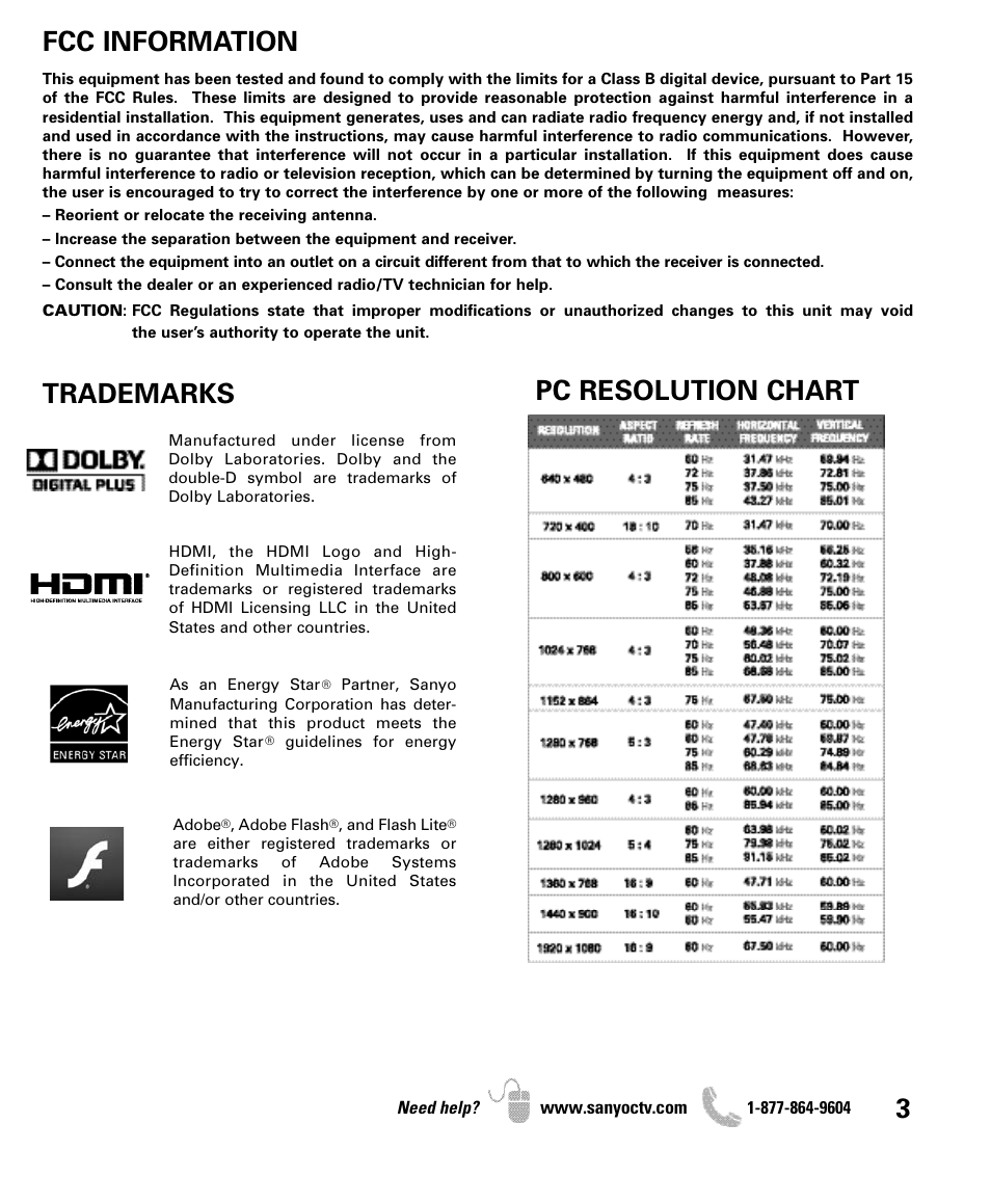 Fcc information, Trademarks pc resolution chart | Sanyo DP47460 User Manual | Page 3 / 48