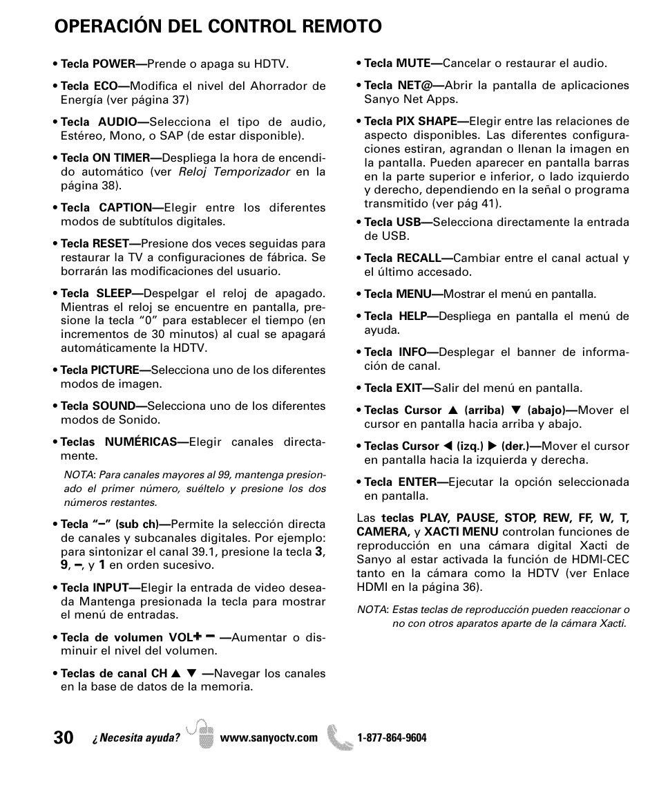 Operación del control remoto | Sanyo DP47460 User Manual | Page 30 / 48