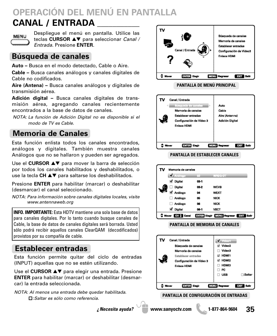 Operación del menú en pantalla, Canal / entrada, Búsqueda de canales | Establecer entradas | Sanyo DP47460 User Manual | Page 35 / 48