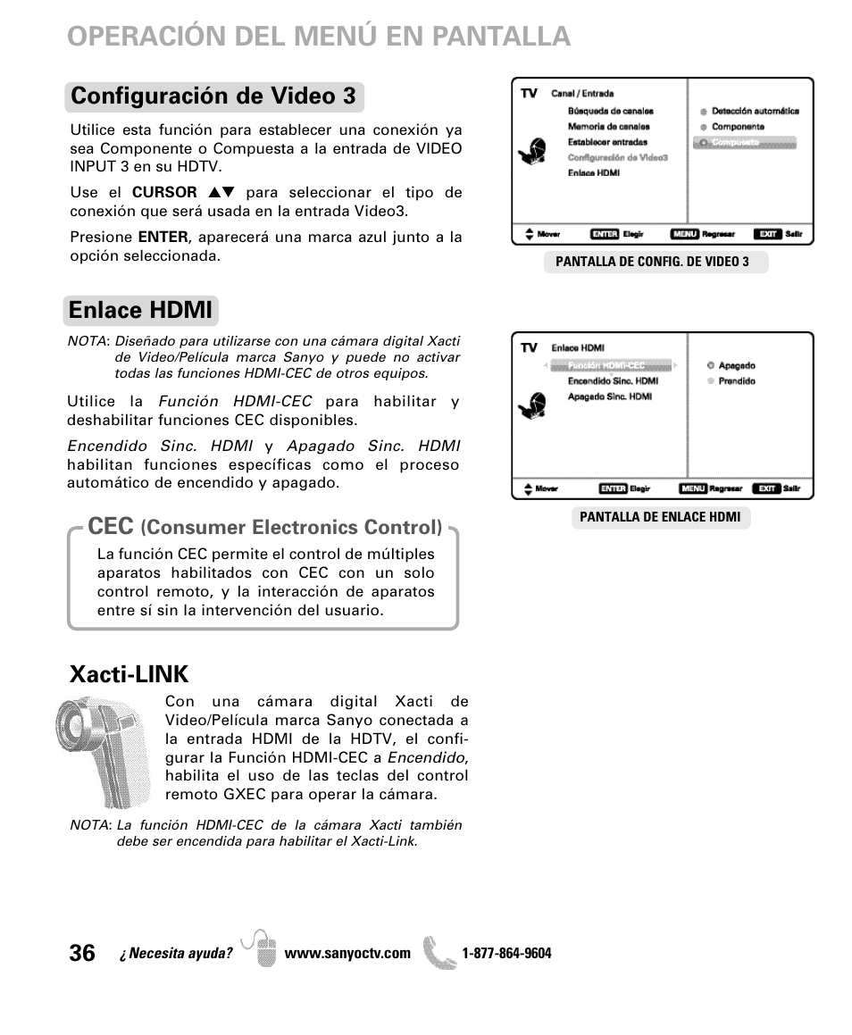 Operación del menú en pantalla, Configuración de video 3 enlace hdmi, Xacti-link | Sanyo DP47460 User Manual | Page 36 / 48