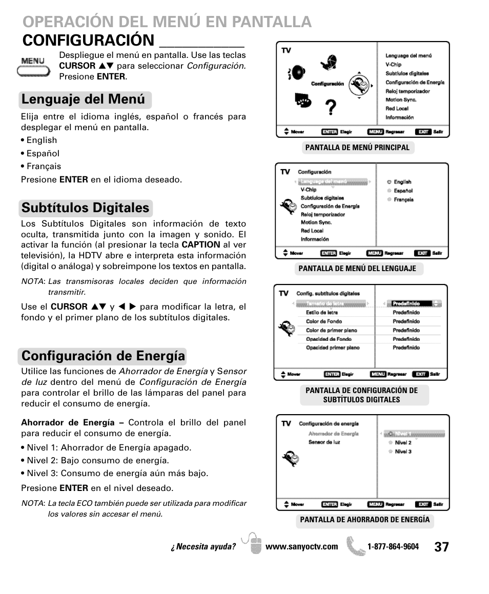 Operación del menú en pantalla, Configuración, Lenguaje del menú subtítulos digitales | Configuración de energía | Sanyo DP47460 User Manual | Page 37 / 48