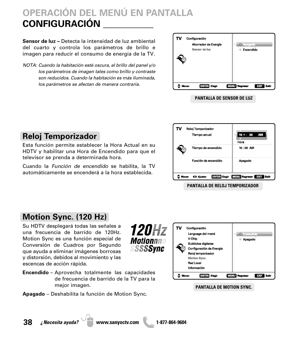 Operación del menú en pantalla configuración, Motion sync. (120 hz), Reloj temporizador | Sanyo DP47460 User Manual | Page 38 / 48
