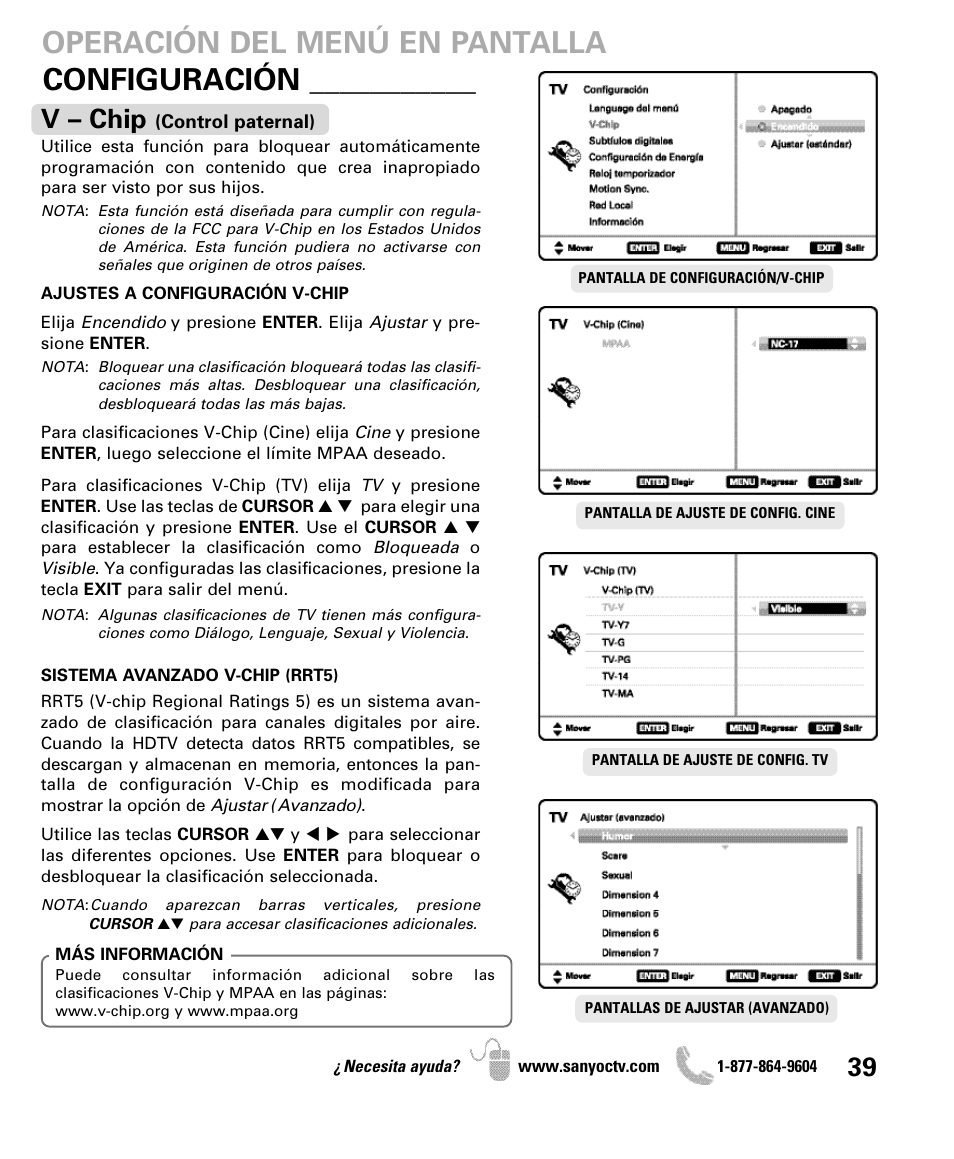 Configuración, Operación del menú en pantalla, V – chip | Sanyo DP47460 User Manual | Page 39 / 48