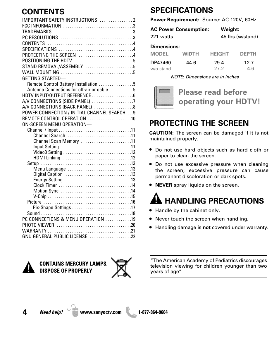 Sanyo DP47460 User Manual | Page 4 / 48