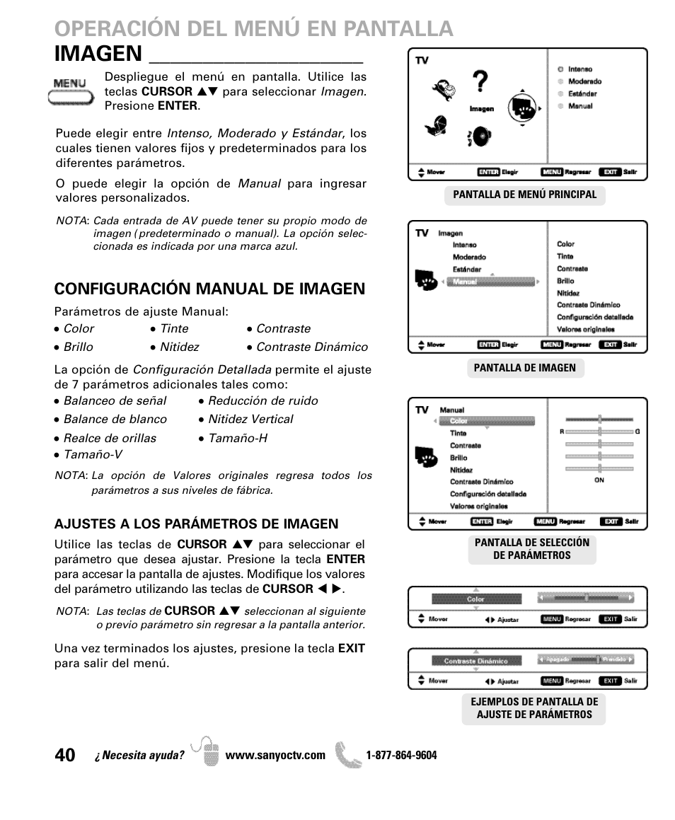 Imagen, Operación del menú en pantalla, Configuración manual de imagen | Sanyo DP47460 User Manual | Page 40 / 48