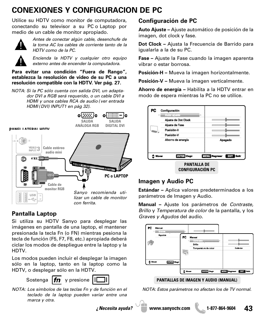 Conexiones y configuracion de pc, Configuración de pc, Imagen y audio pc | Pantalla laptop | Sanyo DP47460 User Manual | Page 43 / 48