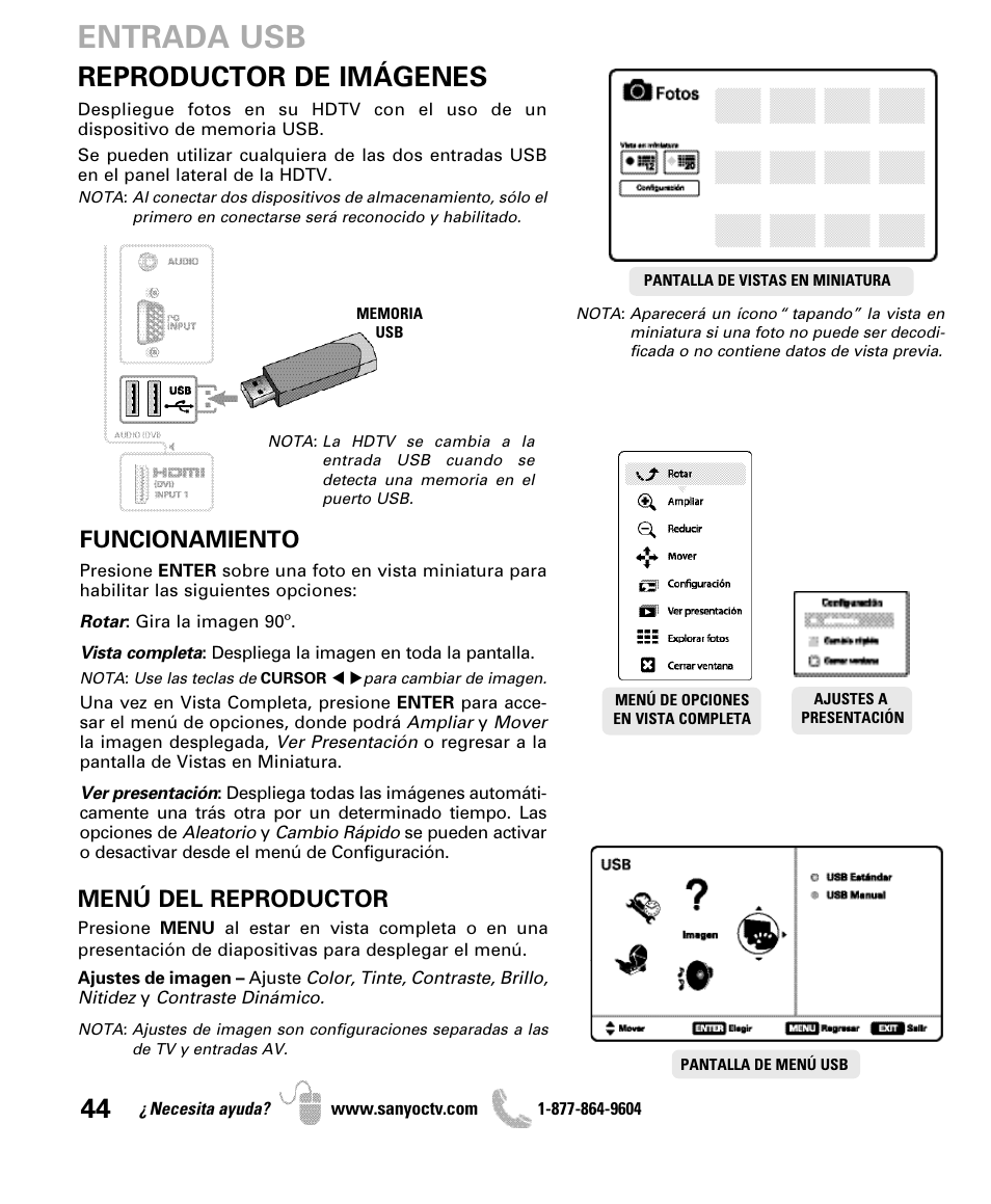 Entrada usb, Reproductor de imágenes, Funcionamiento | Menú del reproductor | Sanyo DP47460 User Manual | Page 44 / 48