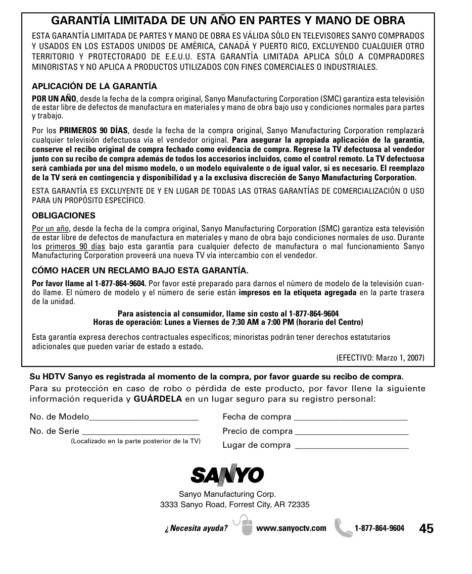 Sanyo DP47460 User Manual | Page 45 / 48