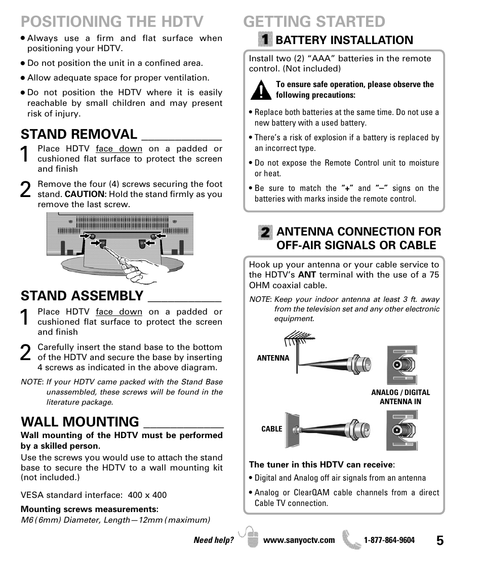 Getting started, Positioning the hdtv, Stand removal | Stand assembly, Wall mounting | Sanyo DP47460 User Manual | Page 5 / 48