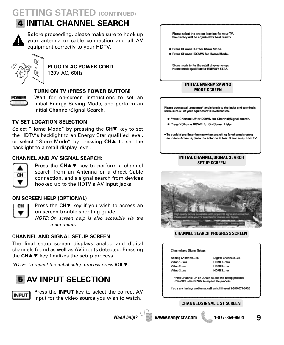 Getting started, Initial channel search, Av input selection | Sanyo DP47460 User Manual | Page 9 / 48