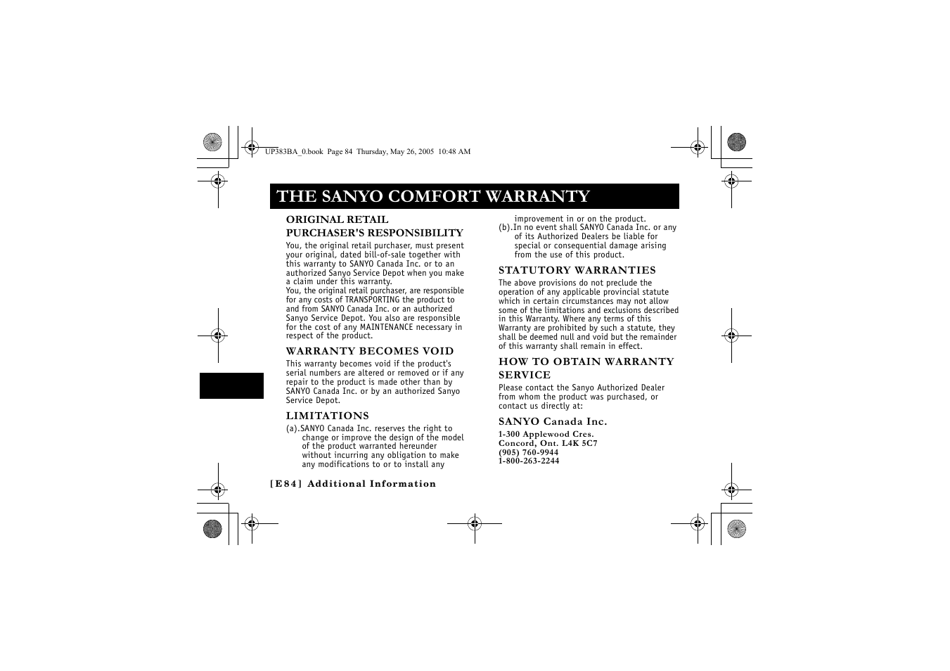The sanyo comfort warranty | Sanyo CLT-E32 User Manual | Page 86 / 88