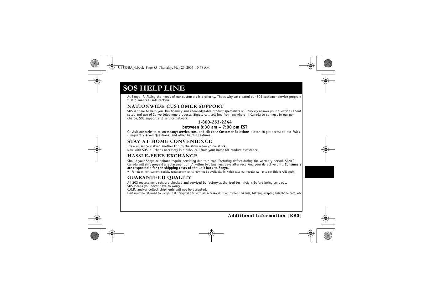 Sos help line | Sanyo CLT-E32 User Manual | Page 87 / 88