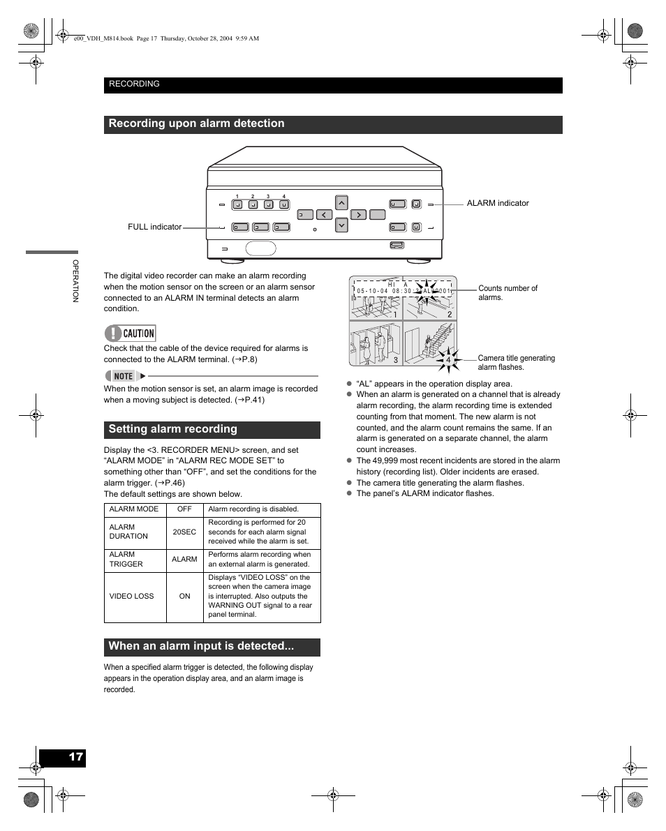 Recording upon alarm detection, Setting alarm recording, When an alarm input is detected | Sanyo DSR-M814 User Manual | Page 18 / 73
