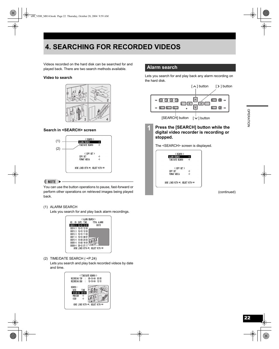Searching for recorded videos, Alarm search | Sanyo DSR-M814 User Manual | Page 23 / 73