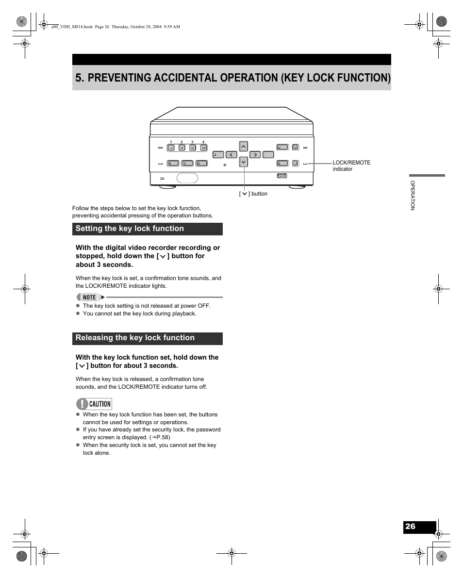 Setting the key lock function, Releasing the key lock function | Sanyo DSR-M814 User Manual | Page 27 / 73