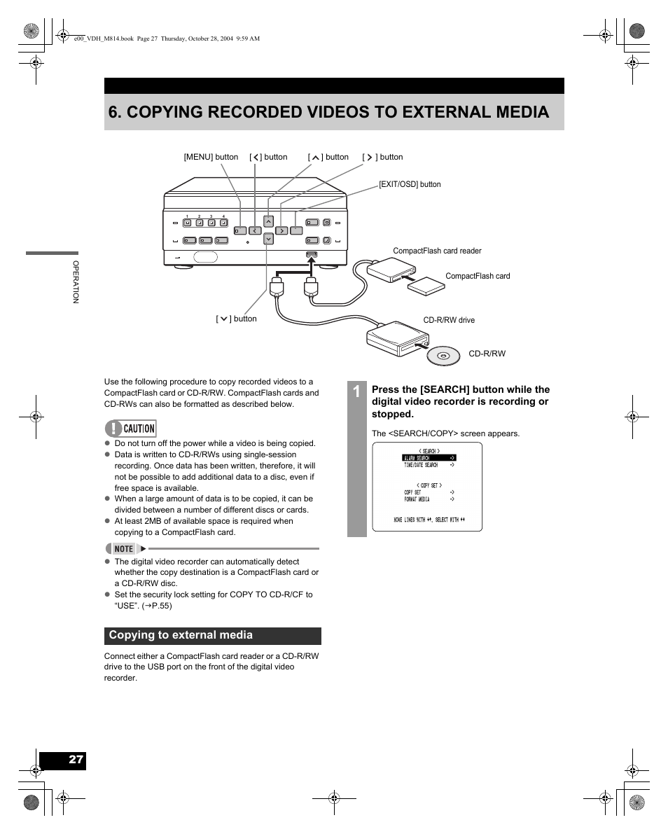 Copying recorded videos to external media, Copying to external media | Sanyo DSR-M814 User Manual | Page 28 / 73