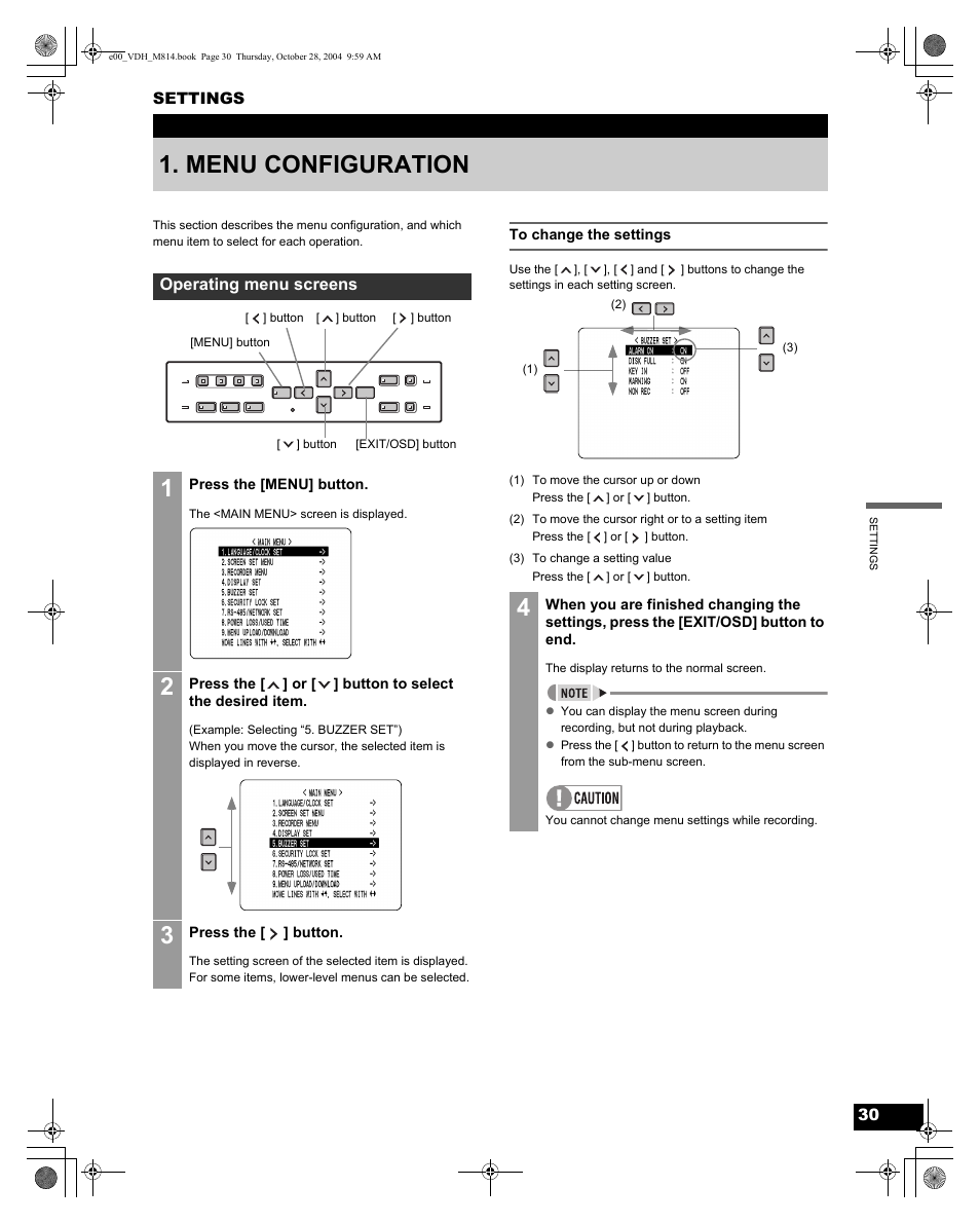 Menu configuration | Sanyo DSR-M814 User Manual | Page 31 / 73