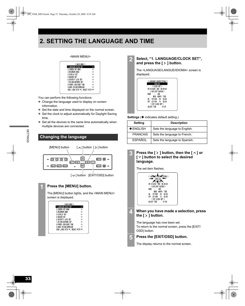Setting the language and time | Sanyo DSR-M814 User Manual | Page 34 / 73