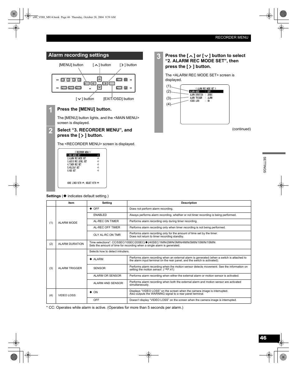 Alarm recording settings | Sanyo DSR-M814 User Manual | Page 47 / 73