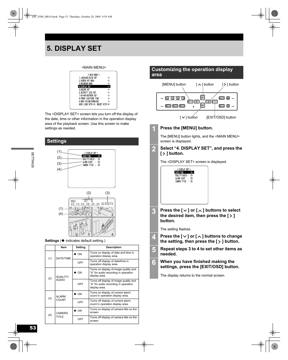 Display set, Settings, Customizing the operation display area | Sanyo DSR-M814 User Manual | Page 54 / 73