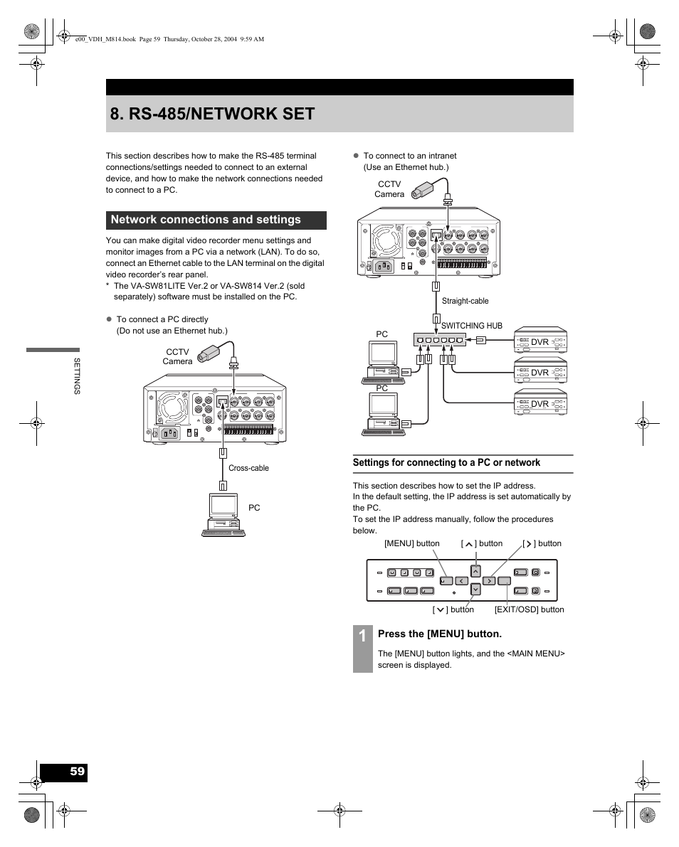Rs-485/network set, Network connections and settings | Sanyo DSR-M814 User Manual | Page 60 / 73