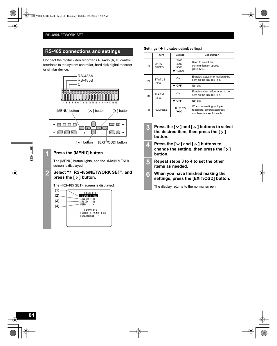 Rs-485 connections and settings | Sanyo DSR-M814 User Manual | Page 62 / 73