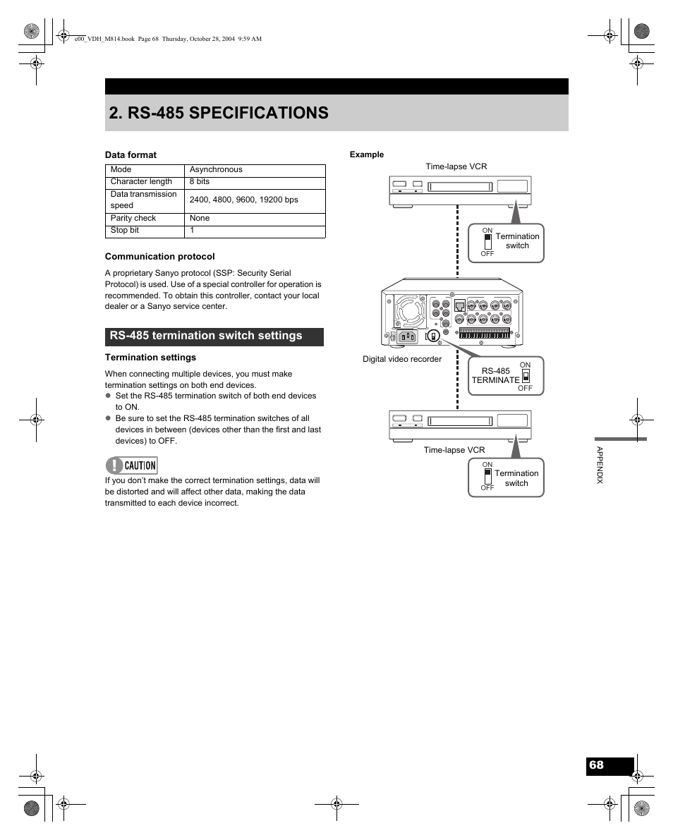 Rs-485 specifications, Rs-485 termination switch settings | Sanyo DSR-M814 User Manual | Page 69 / 73