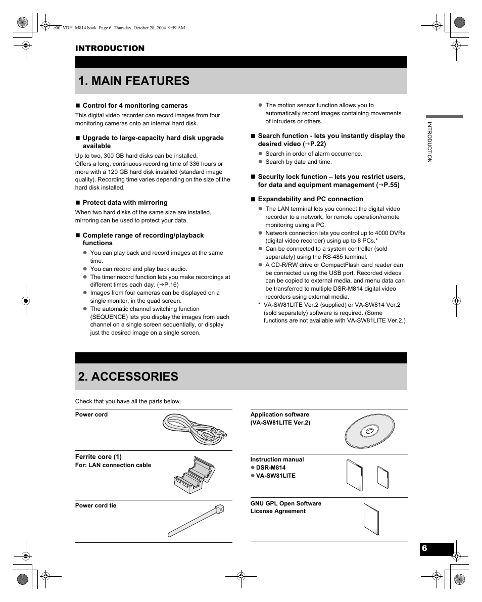 Main features, Accessories | Sanyo DSR-M814 User Manual | Page 7 / 73