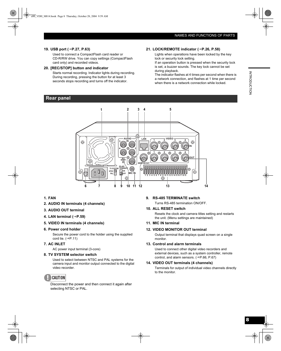 Rear panel | Sanyo DSR-M814 User Manual | Page 9 / 73