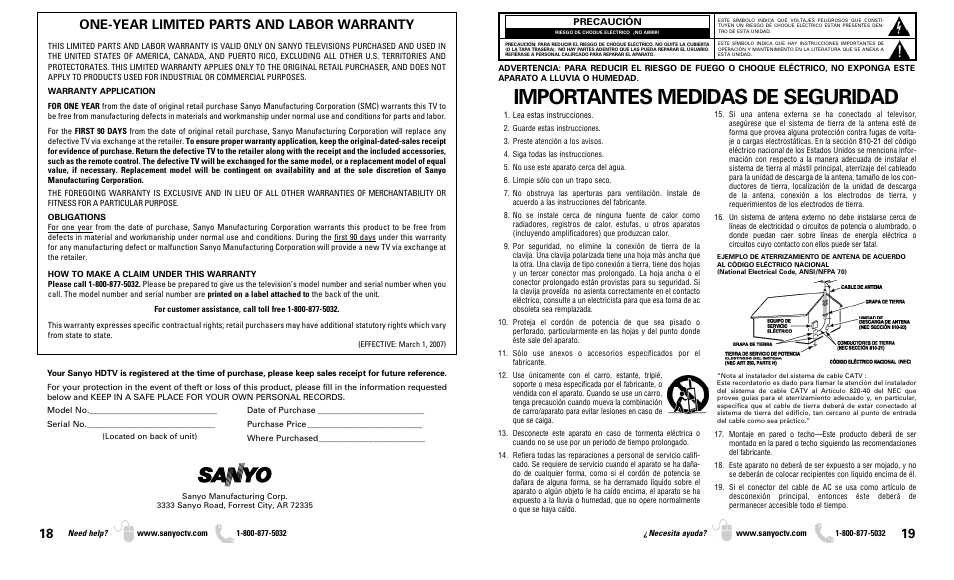 Importantes medidas de seguridad, One-year limited parts and labor warranty | Sanyo DP37819 User Manual | Page 10 / 19