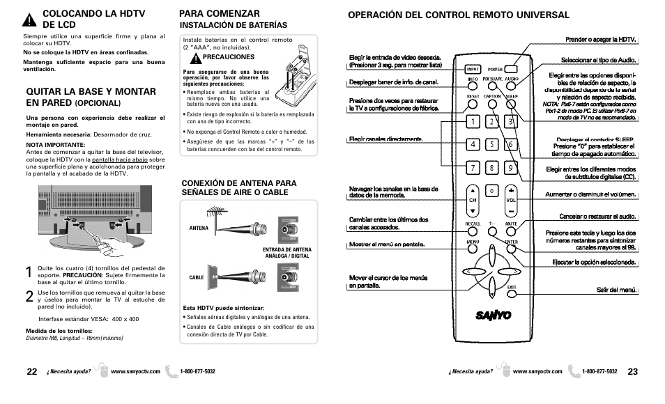 Quitar la base y montar en pared, Colocando la hdtv de lcd, Para comenzar | Operación del control remoto universal | Sanyo DP37819 User Manual | Page 12 / 19