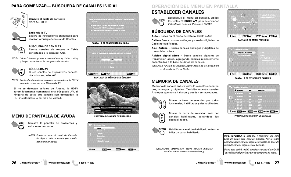 Establecer canales, Operación del menú en pantalla, Para comenzar— búsqueda de canales inicial | Menú de pantalla de ayuda, Búsqueda de canales | Sanyo DP37819 User Manual | Page 14 / 19