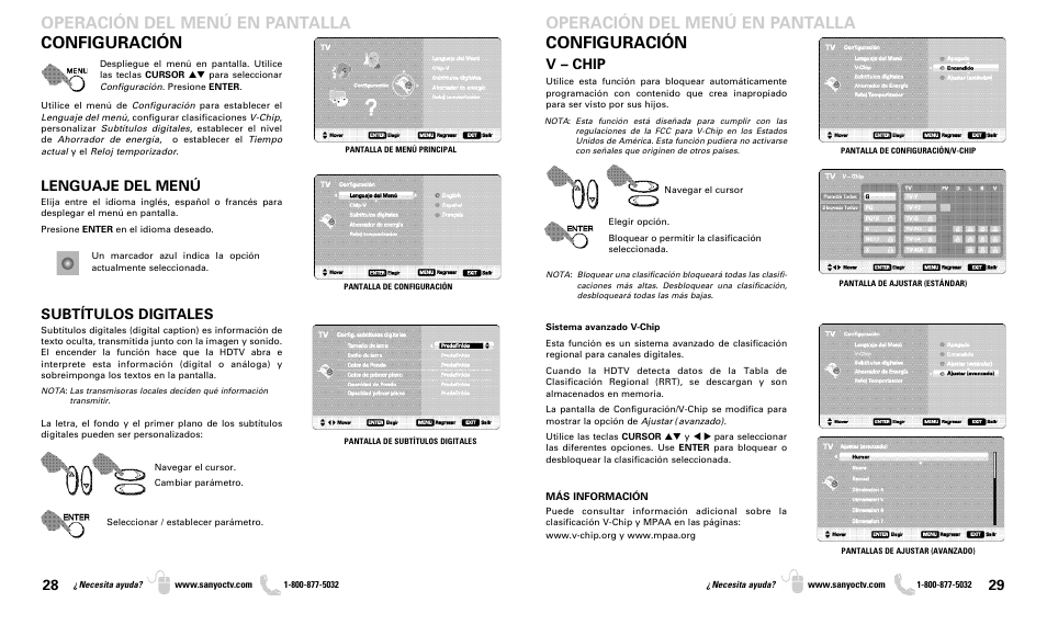 Operación del menú en pantalla, Configuración, Lenguaje del menú | Subtítulos digitales, V – chip | Sanyo DP37819 User Manual | Page 15 / 19