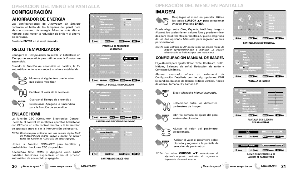 Operación del menú en pantalla configuración, Imagen operación del menú en pantalla, Ahorrador de energía | Reloj temporizador, Enlace hdmi, Configuración manual de imagen | Sanyo DP37819 User Manual | Page 16 / 19