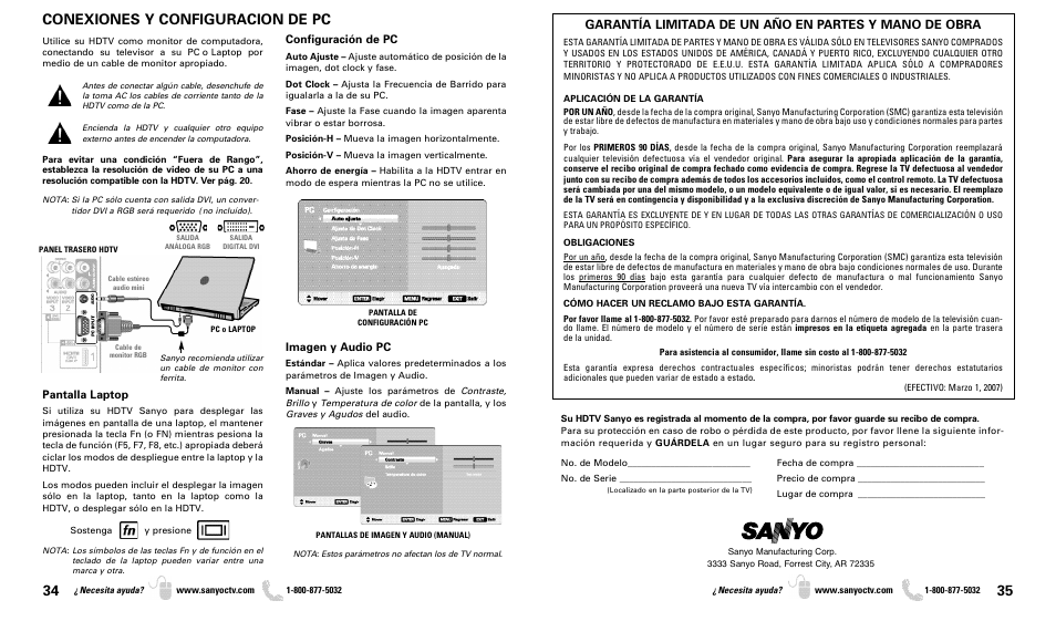 Conexiones y configuracion de pc | Sanyo DP37819 User Manual | Page 18 / 19