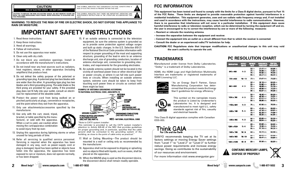 Important safety instructions, Fcc information, Trademarks | Pc resolution chart | Sanyo DP37819 User Manual | Page 2 / 19