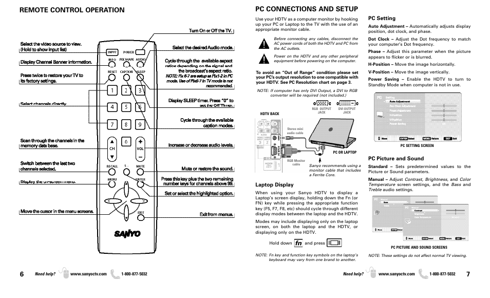 Remote control operation pc connections and setup | Sanyo DP37819 User Manual | Page 4 / 19