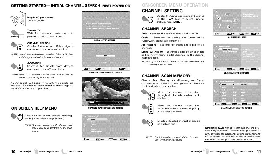 Channel setting, On-screen menu operation, Getting started— initial channel search | On screen help menu, Channel search, First power on) | Sanyo DP37819 User Manual | Page 6 / 19