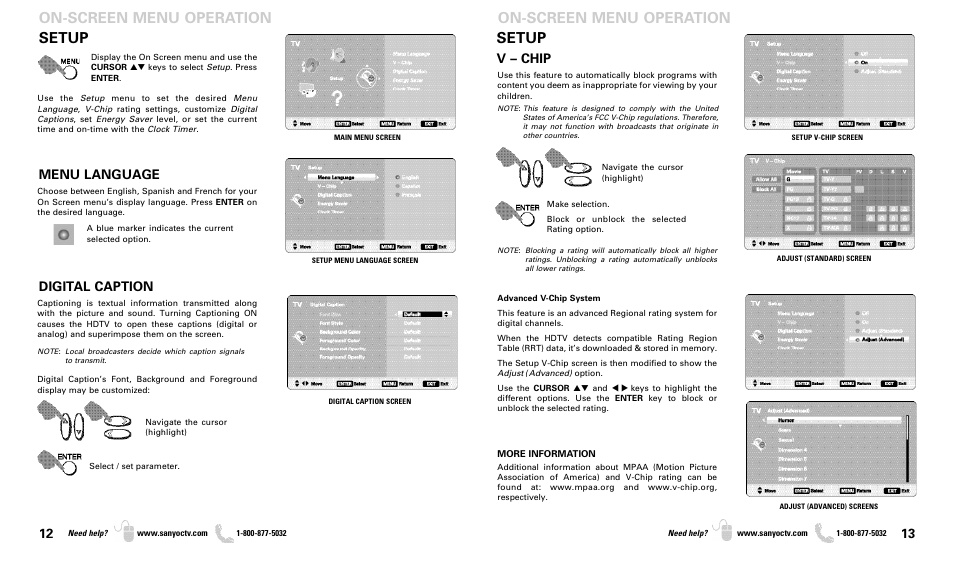 Setup, On-screen menu operation, Setup on-screen menu operation | Menu language, Digital caption, V – chip | Sanyo DP37819 User Manual | Page 7 / 19