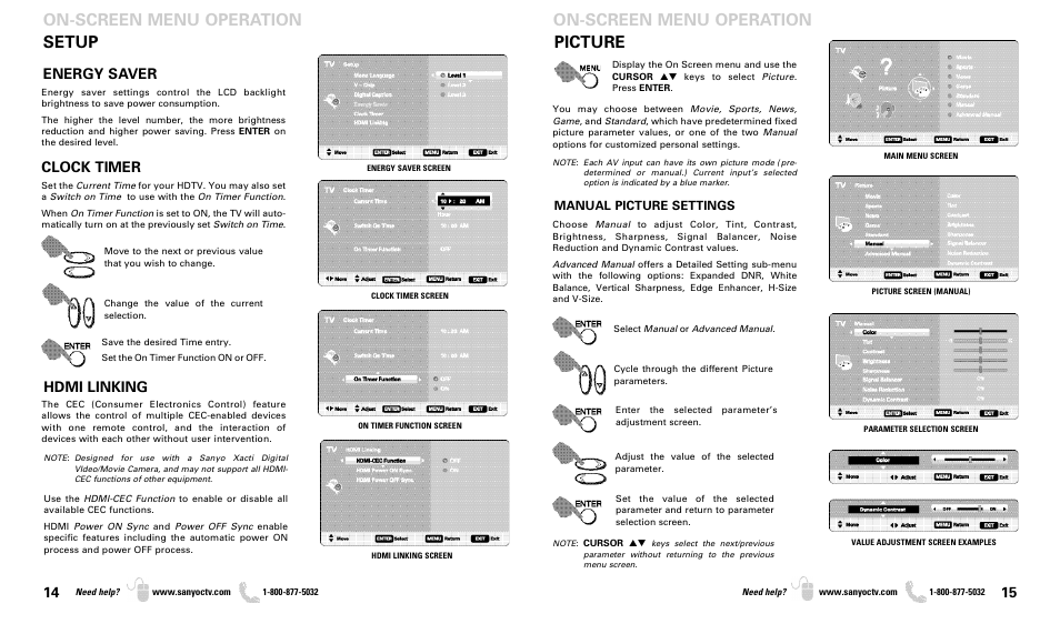 Setup, Energy saver, Clock timer | Hdmi linking, Manual picture settings | Sanyo DP37819 User Manual | Page 8 / 19